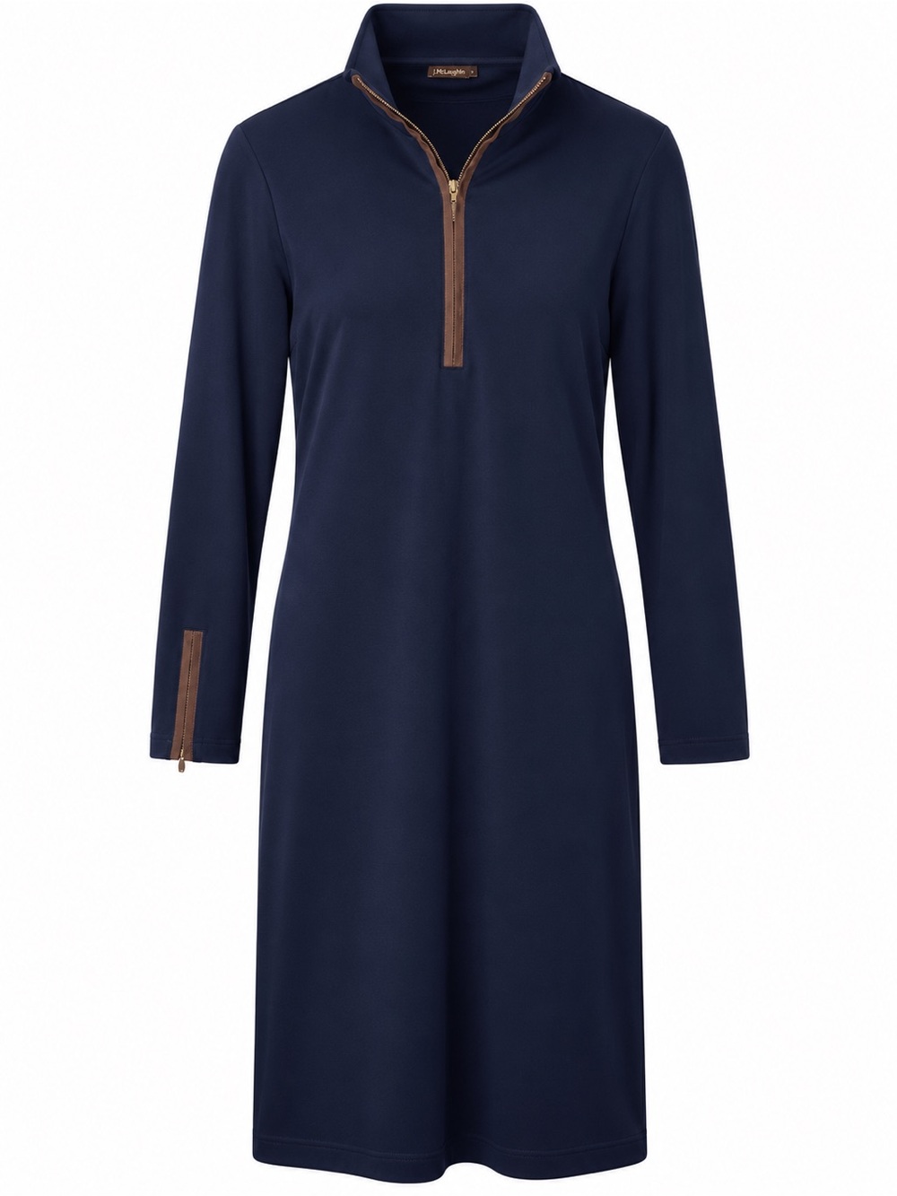 J.McLaughlin Navy Blue Quarter-Zip Dress Small – Tan Accents & Zipper Cuffs